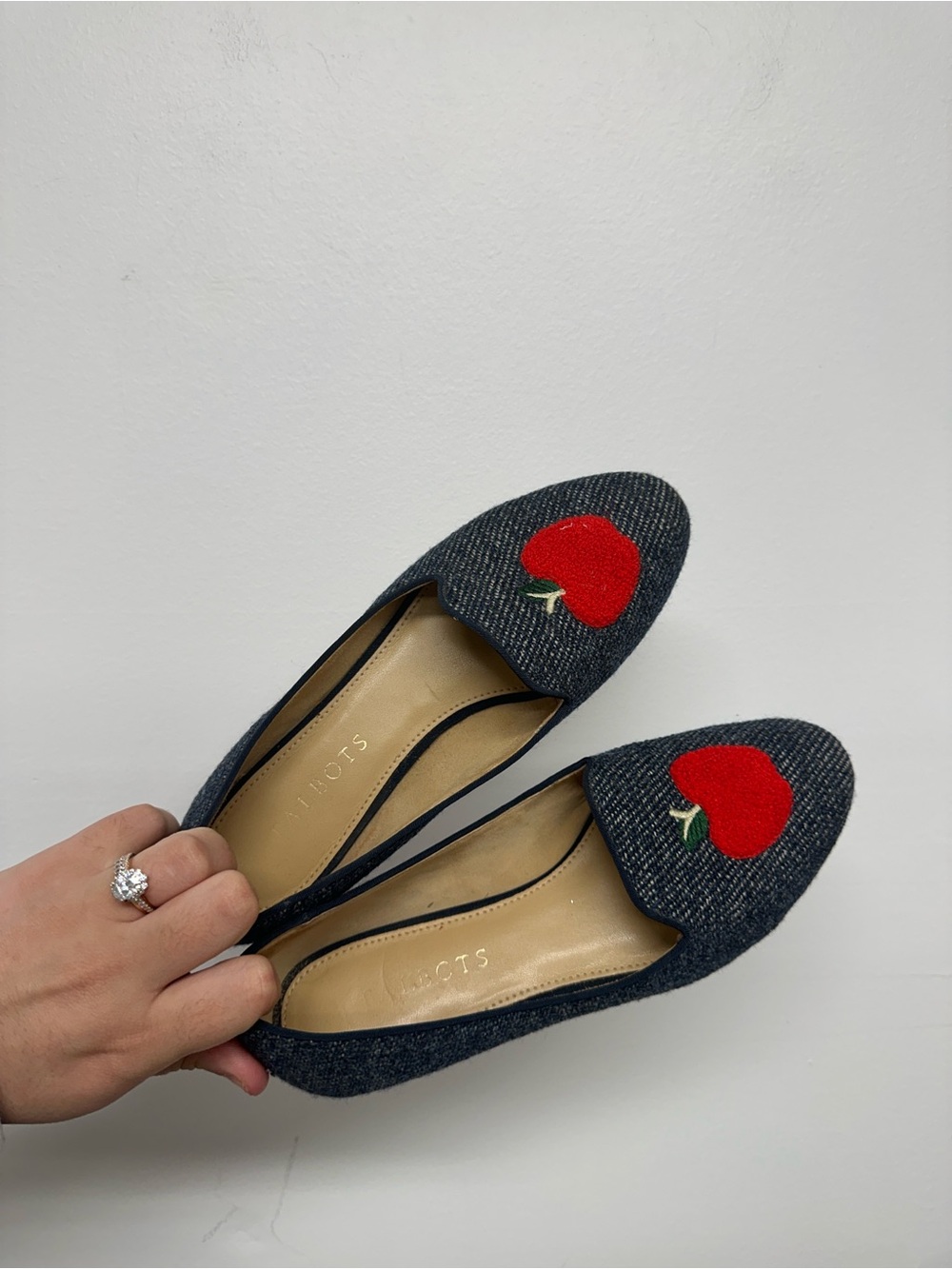 Talbots Denim Flats with Red Apple Embroidery
